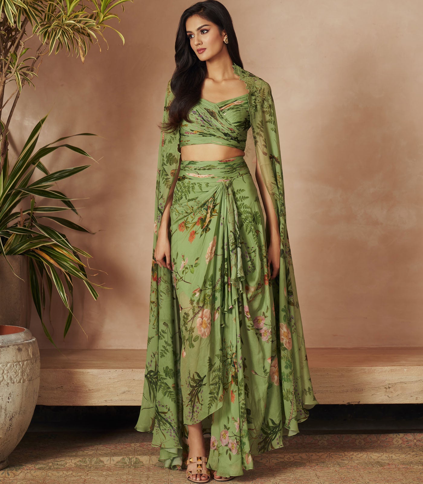 Green Printed Cape Skirt Set