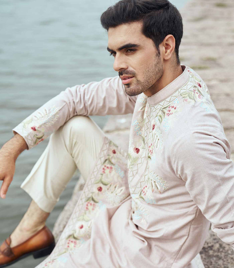 PINK THREAD WORK KURTA SET