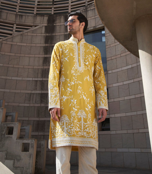 YELLOW LONG PALM TREE KURTA SET