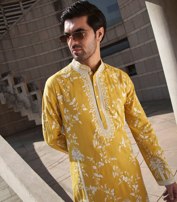 YELLOW LONG PALM TREE KURTA SET