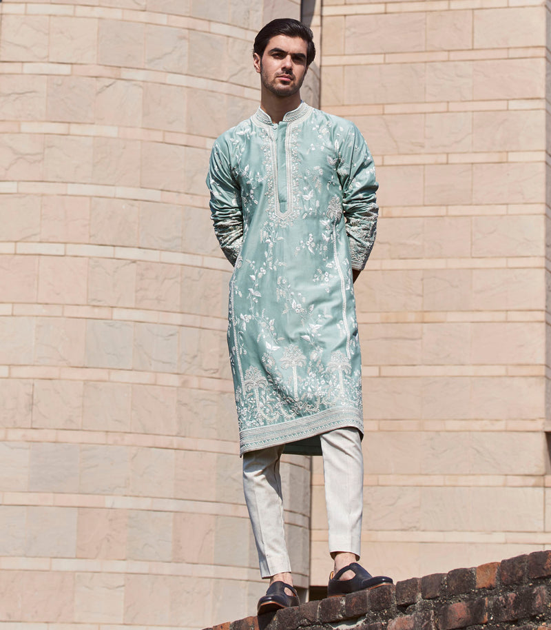 MINT GREEN CHANDERI LONG PALM TREE KURTA SET