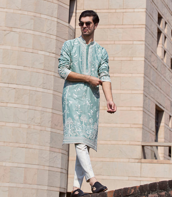 MINT GREEN CHANDERI LONG PALM TREE KURTA SET