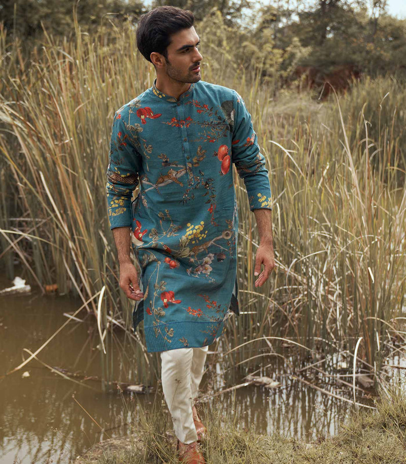 FLORAL PRINTED SILK KURTA SET