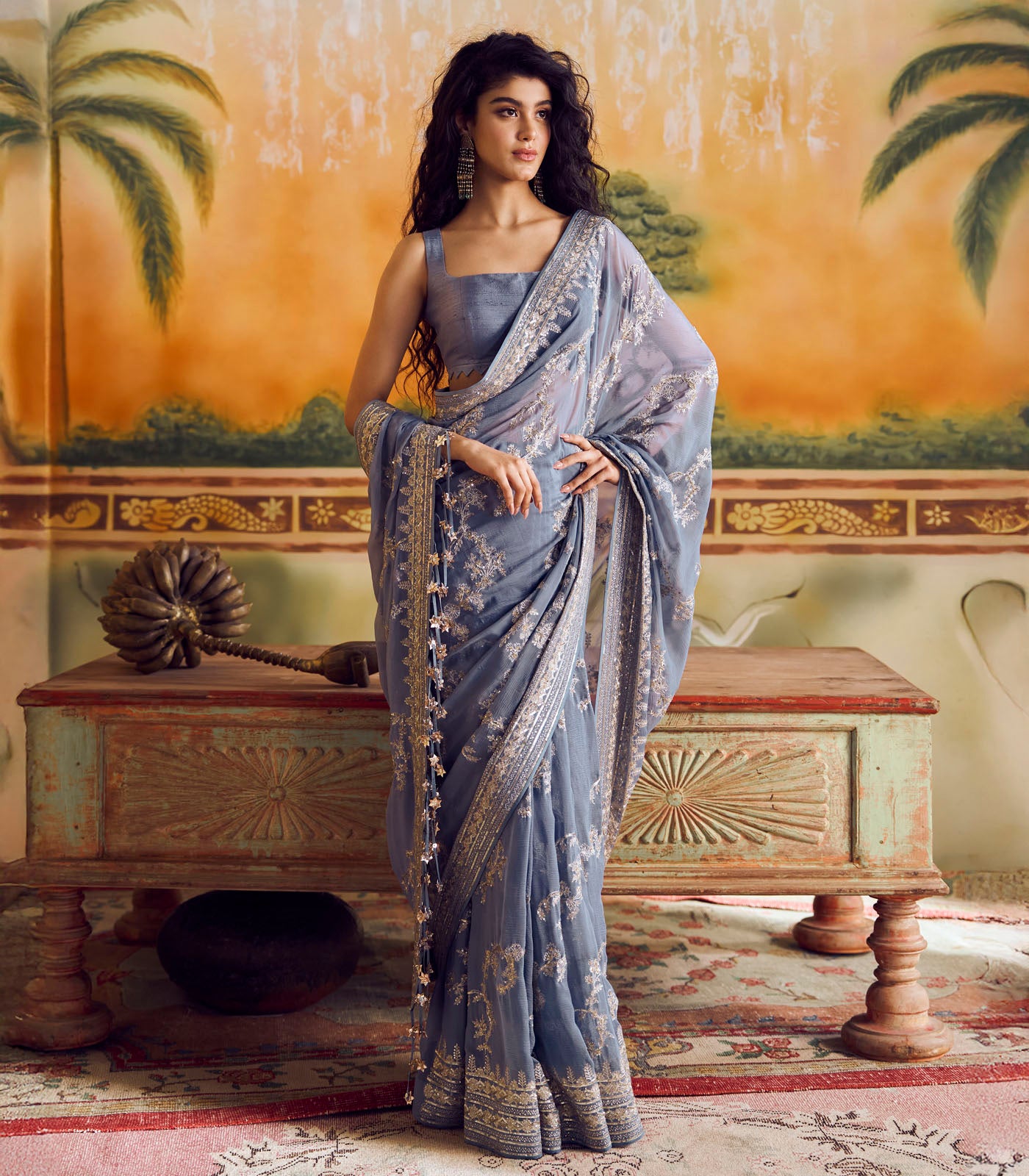 Blue Aari Leheriya Saree Set