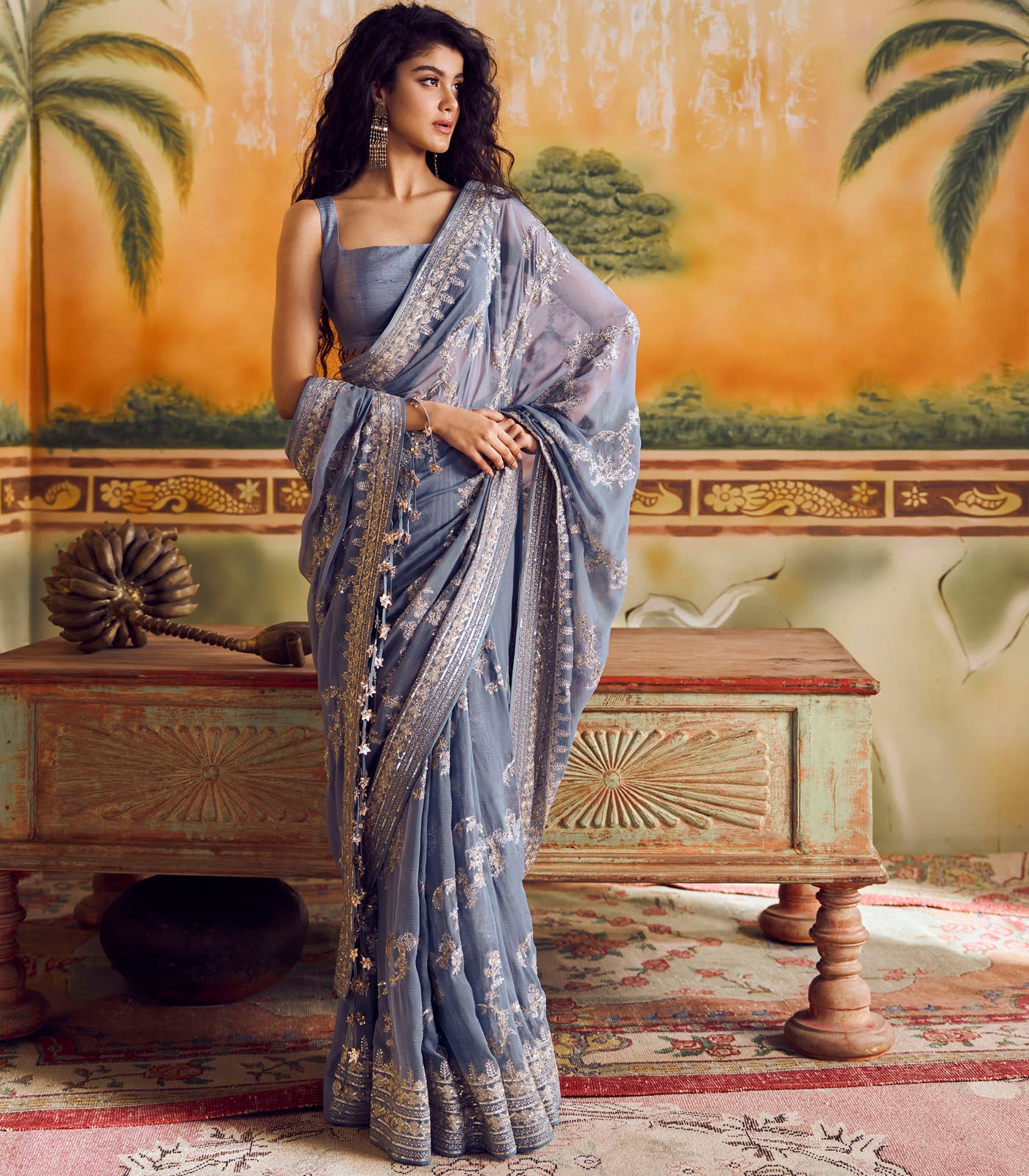Blue Aari Leheriya Saree Set