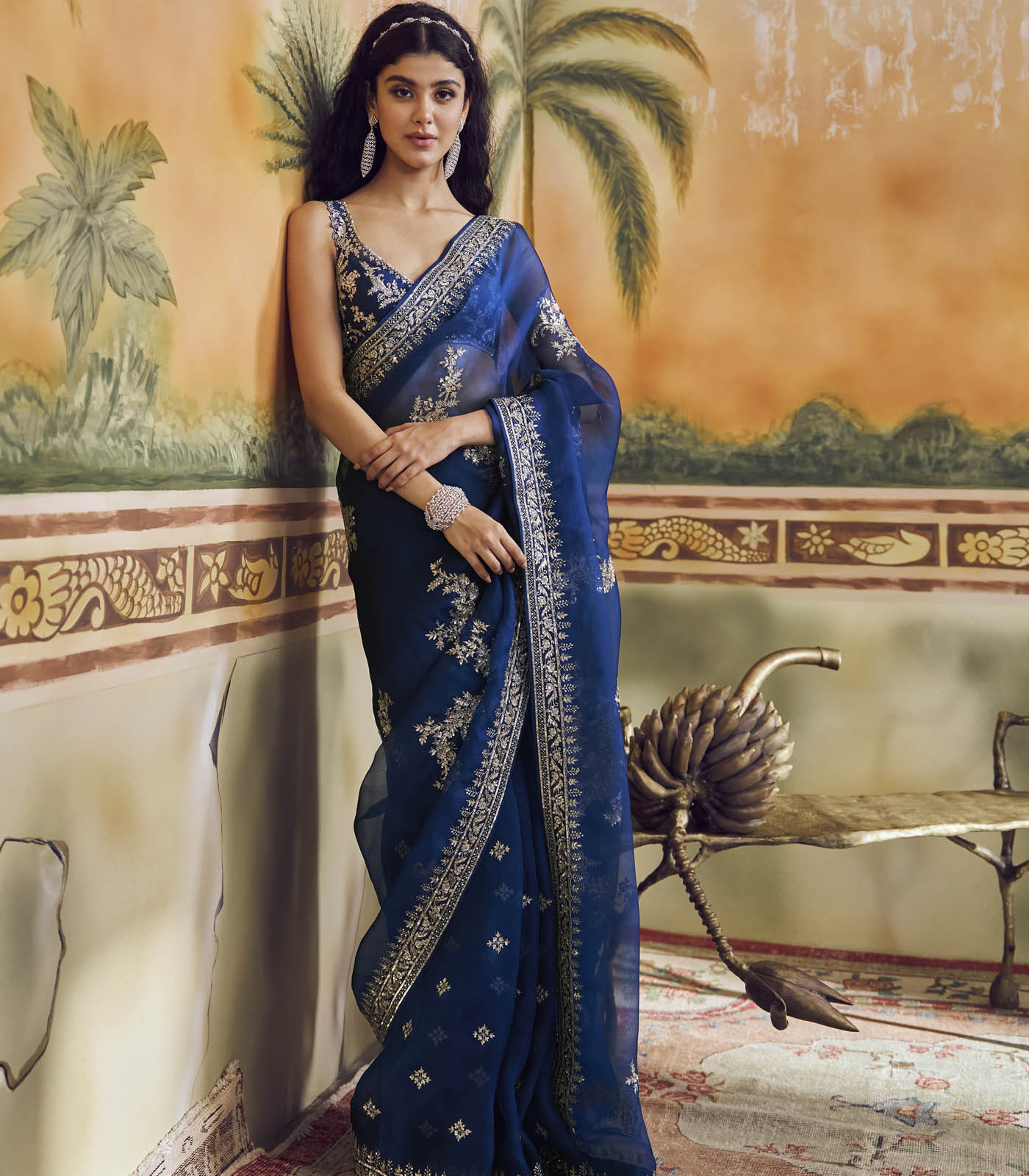 Navy Blue Aari Guchha Border Saree Set
