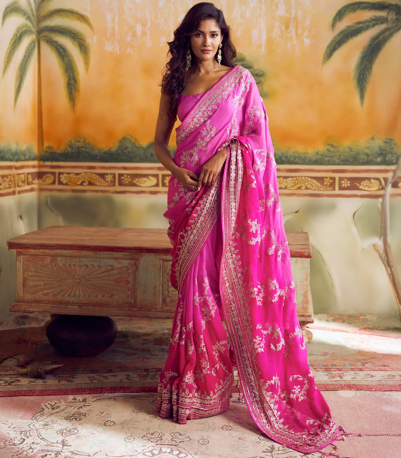 Hot Pink And Pink Ombre Aari Leheriya Saree Set