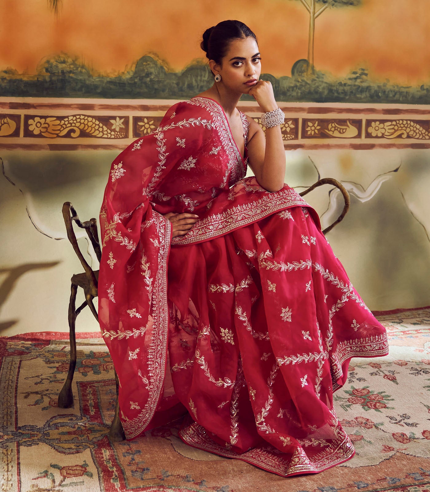 Cherry Red Aari Checks Creeper Saree Set