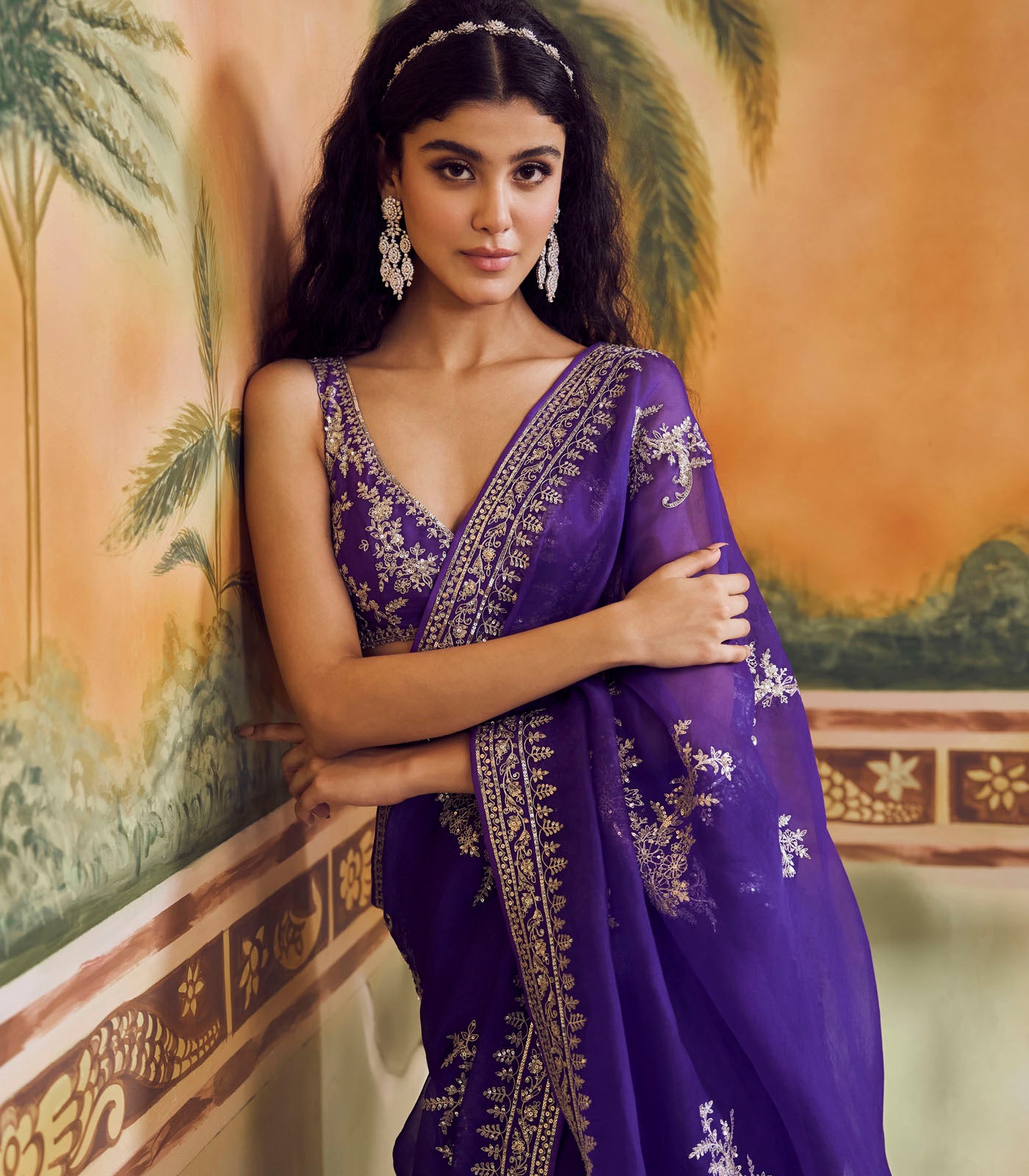 Purple Aari Guchha Saree Set