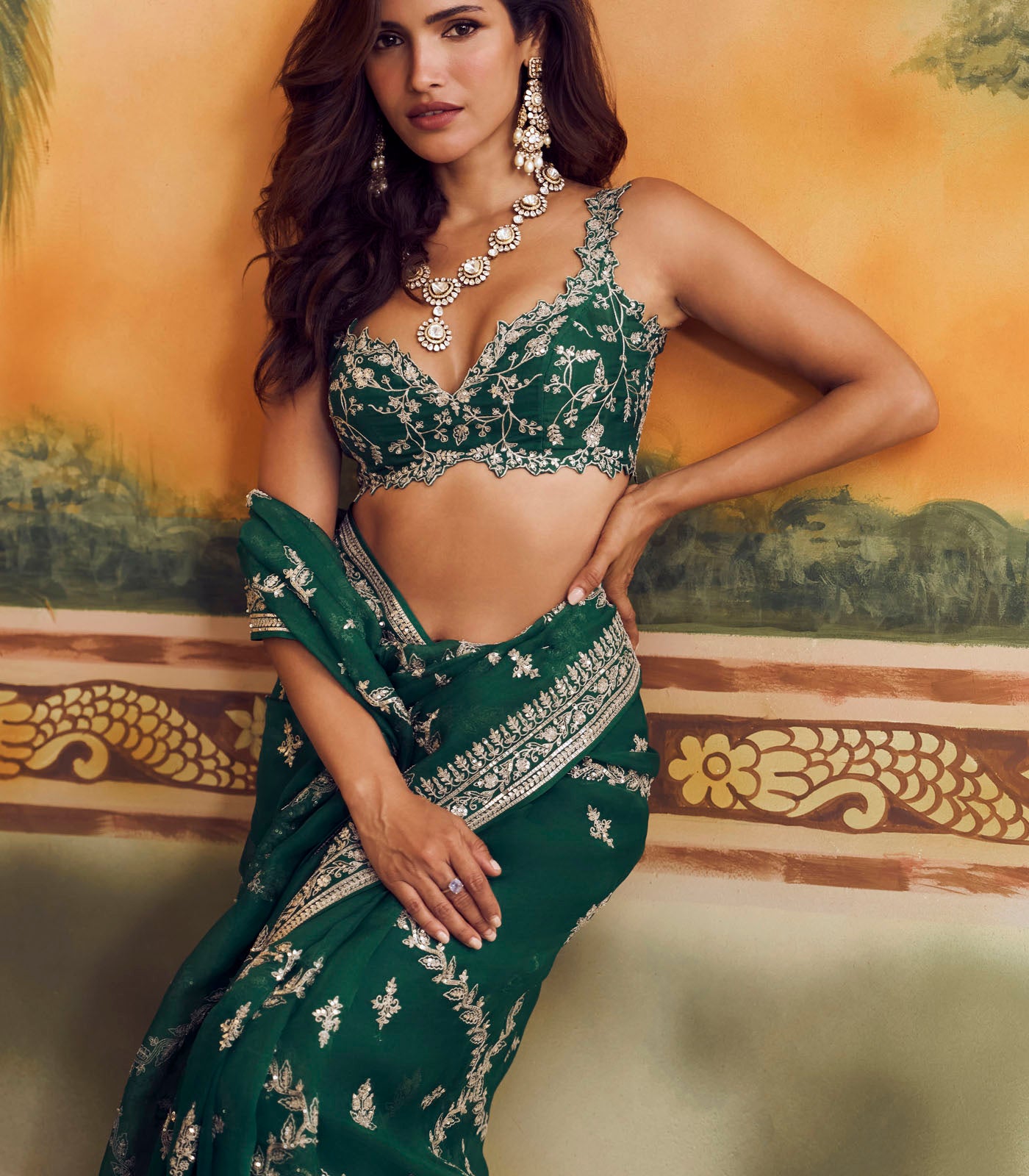 Emerald Green Aari Checks Creeper Saree Set