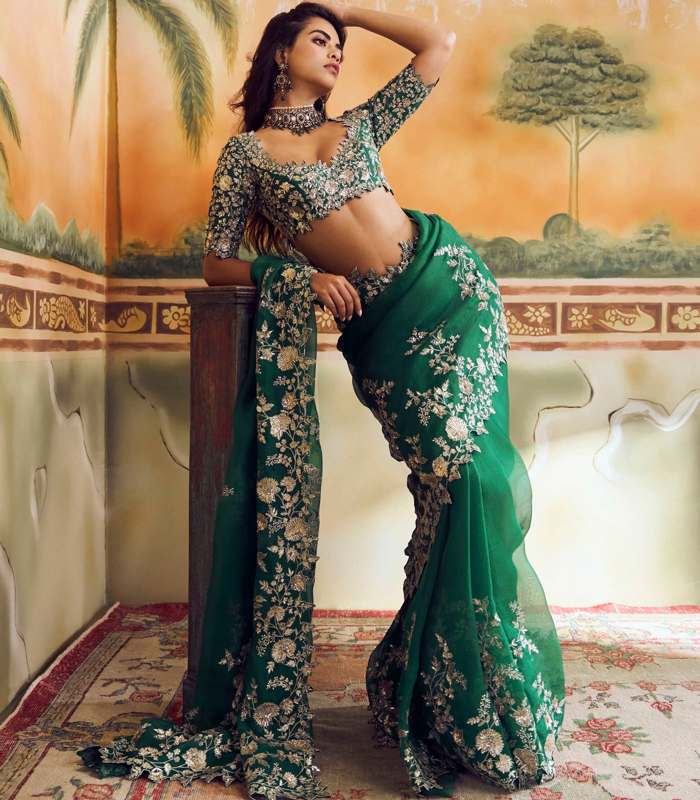 Emerald Green Zari Cutwork Saree Set