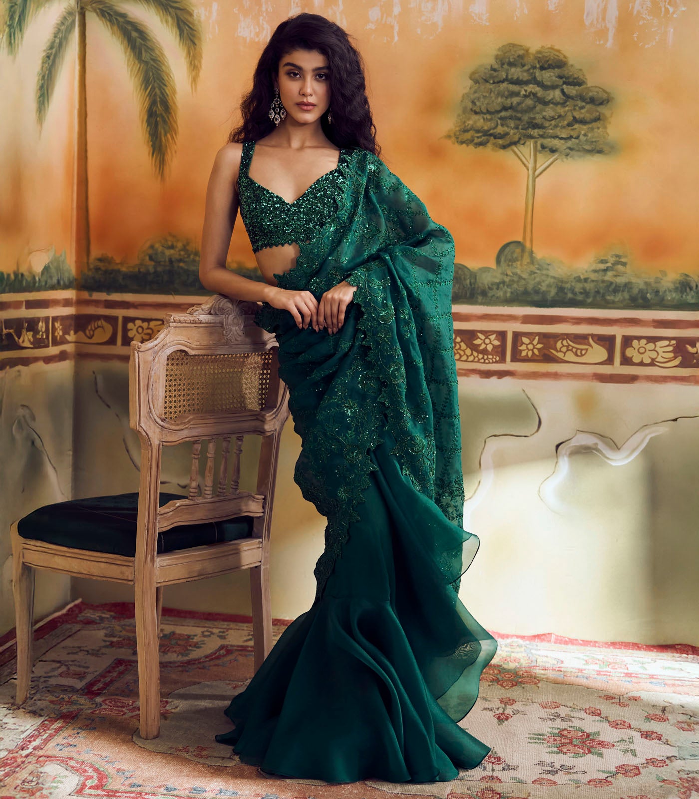 Emerald Green Cutwork Ruffle Saree set