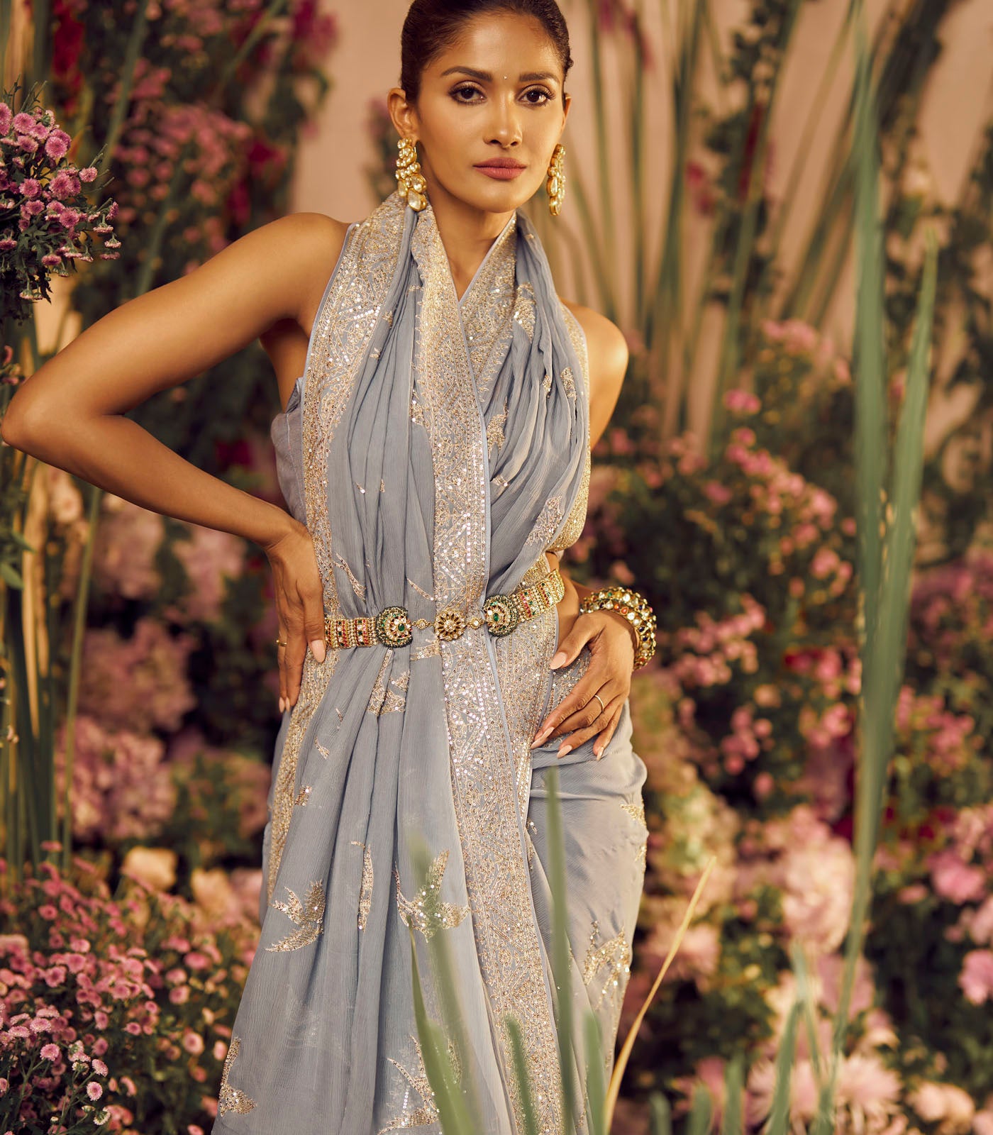 Powder Blue  Bird Saree Set