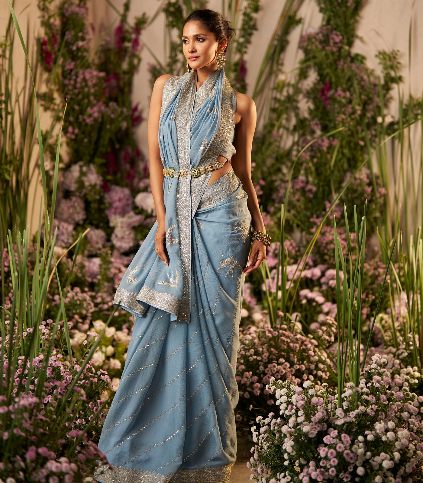Powder Blue  Bird Saree Set
