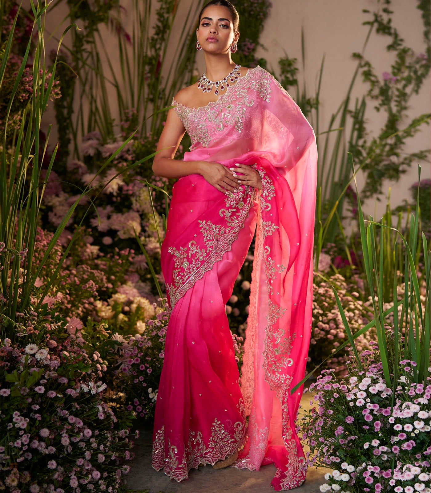 Pink And Hot Pink Ombre Akhila Saree Set