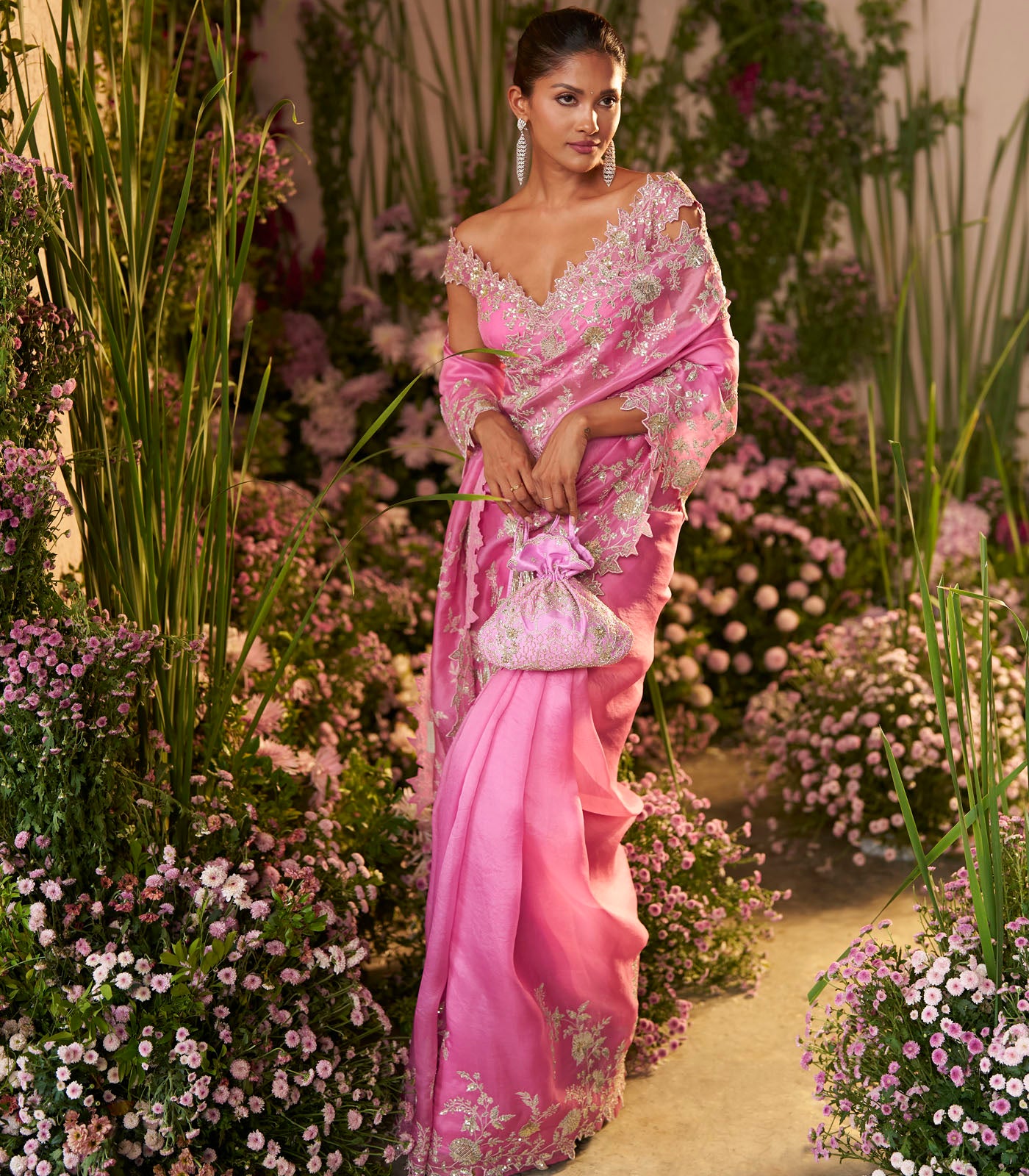 Lotus Pink Zari Cutwork Saree Set