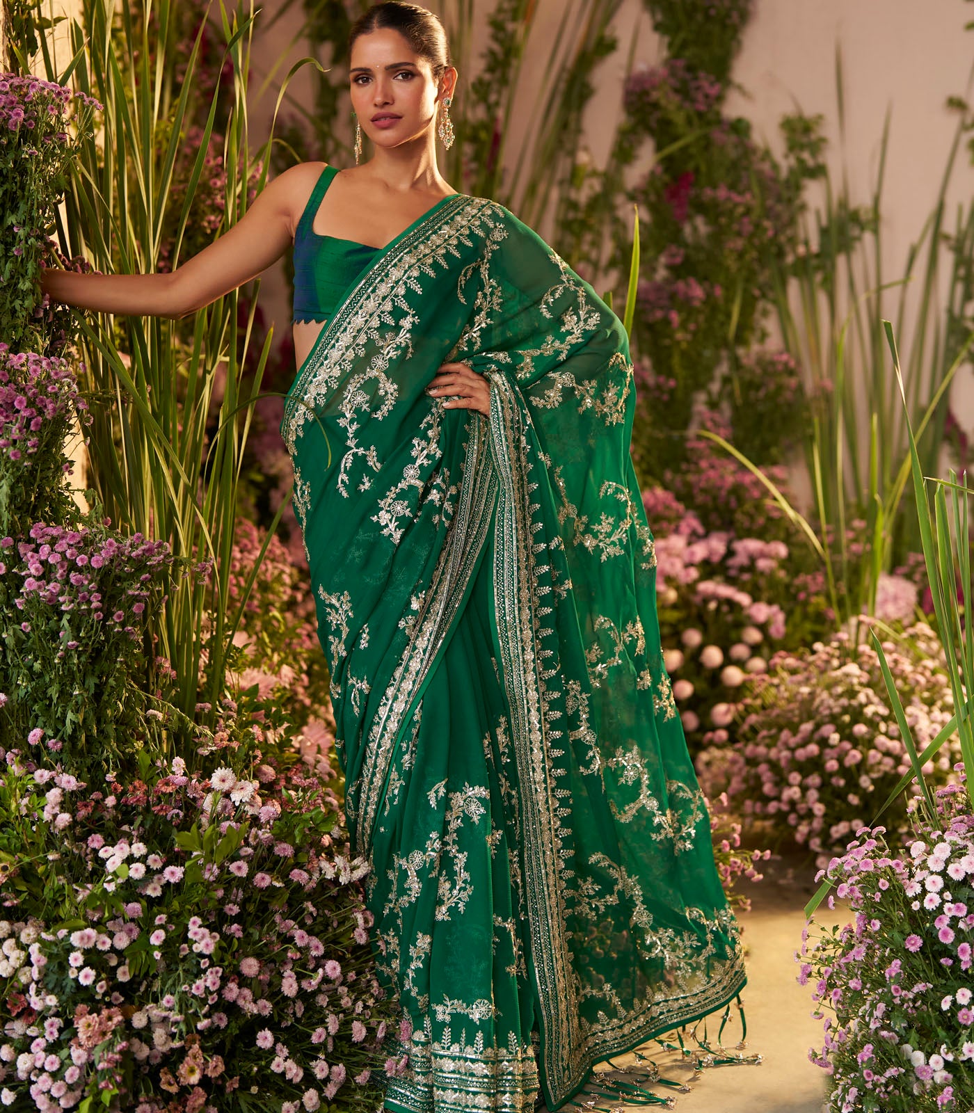 Emerald Green Aari Leheriya Saree Set