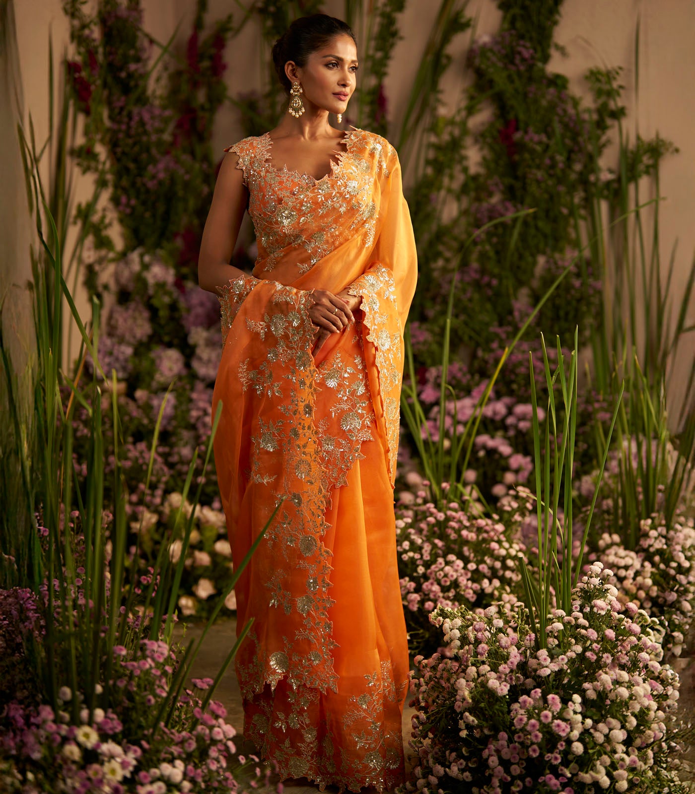 Orange Zari Cutwork Saree Set