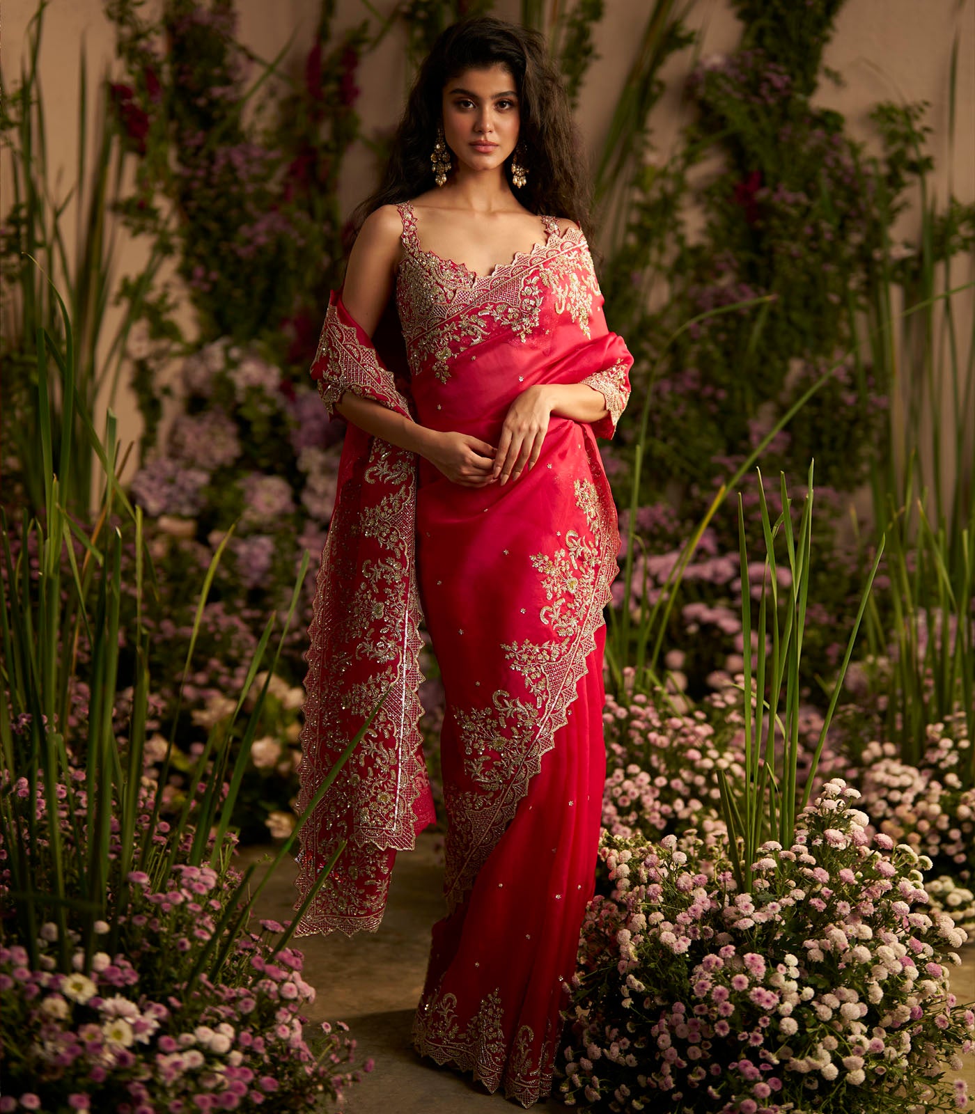 Cherry Red Akhila Saree Set