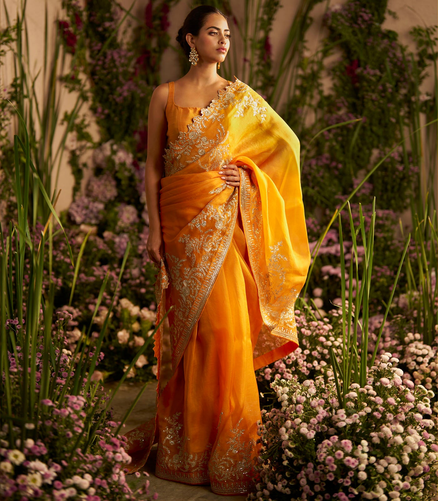 Orange Aari Work Saree Set