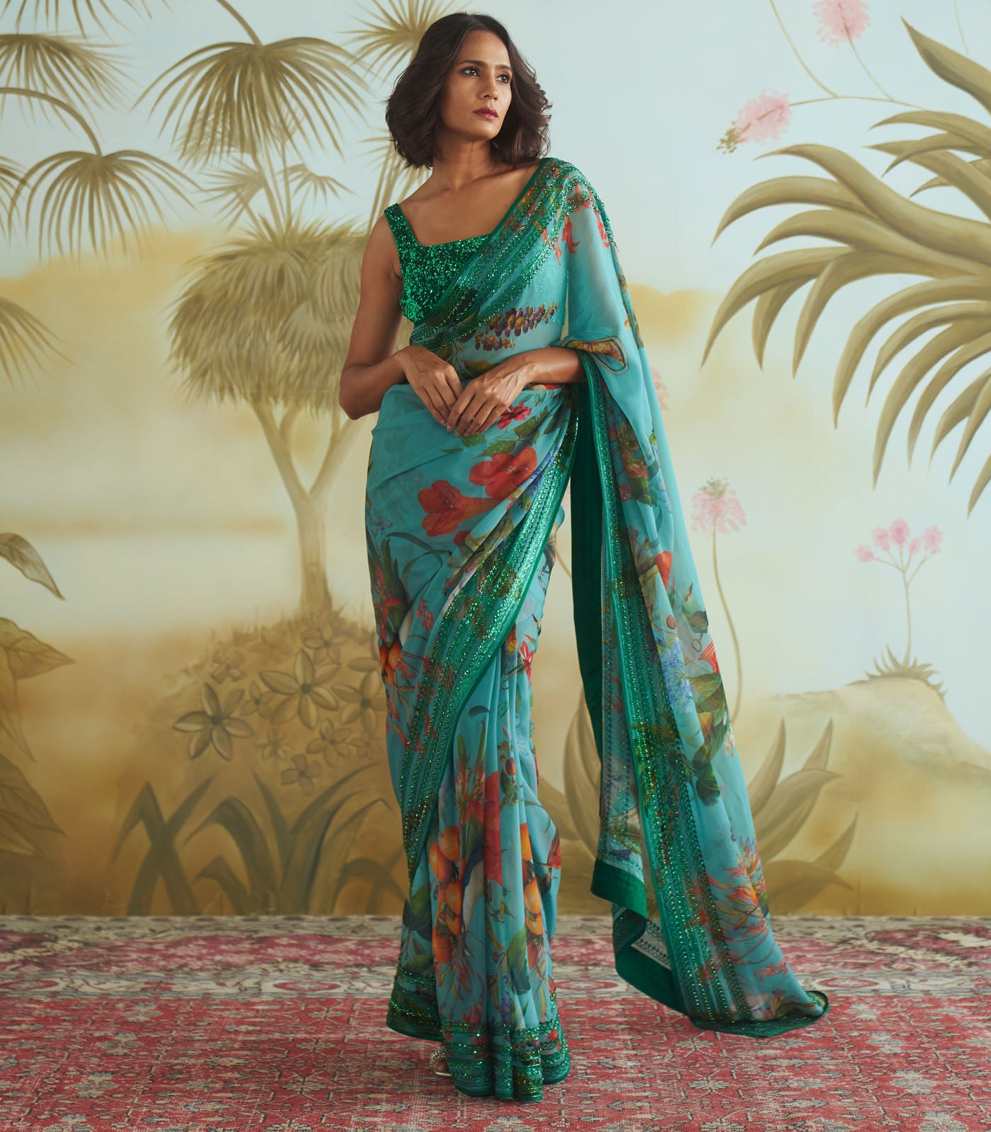 Printed sequin border saree set