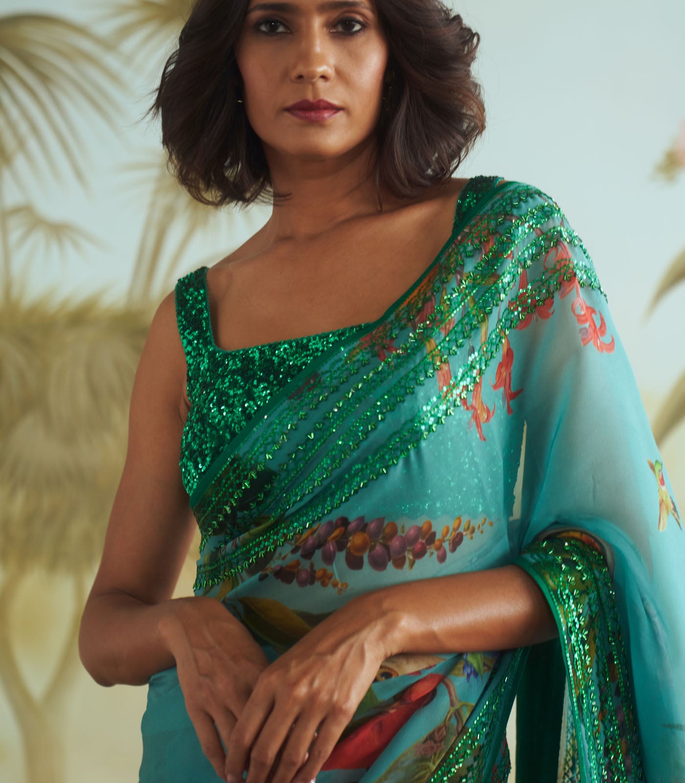 Printed sequin border saree set