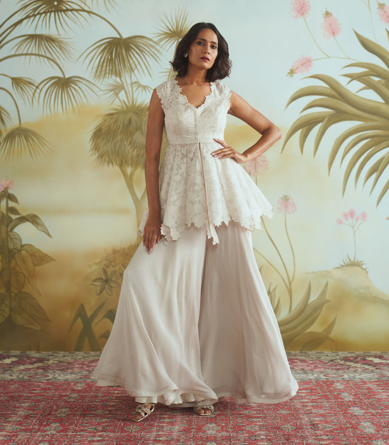 Ivory patch work peplum top and sharara