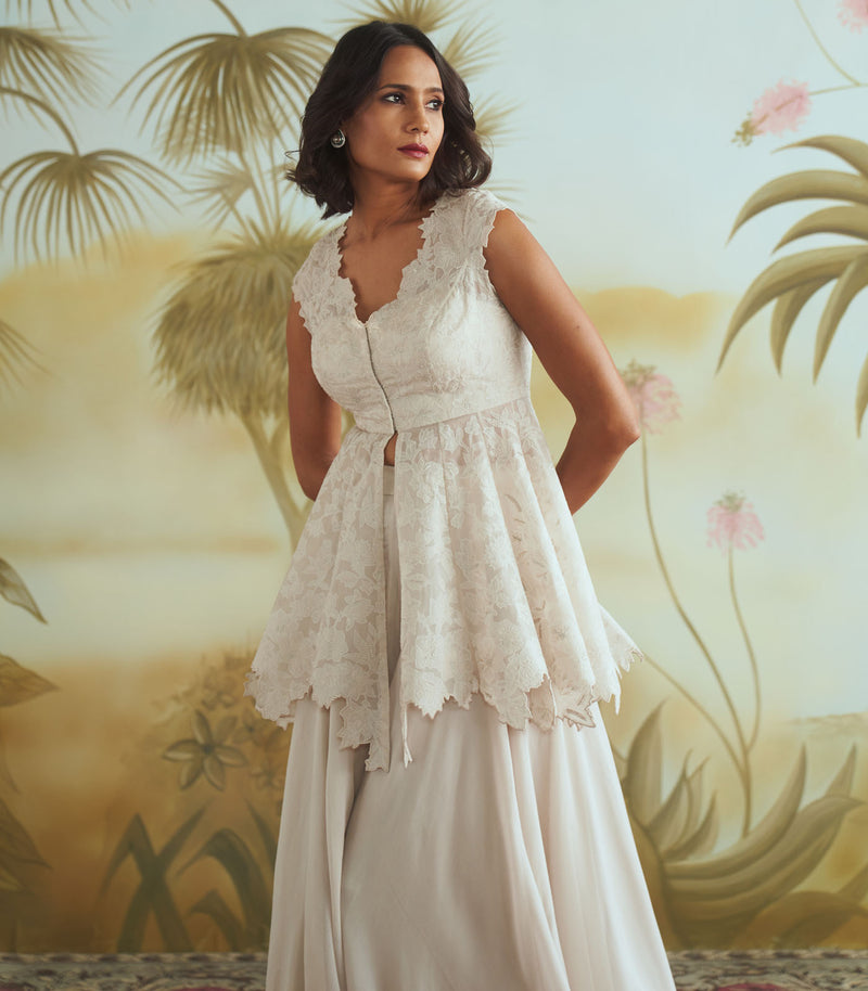 Ivory patch work peplum top and sharara