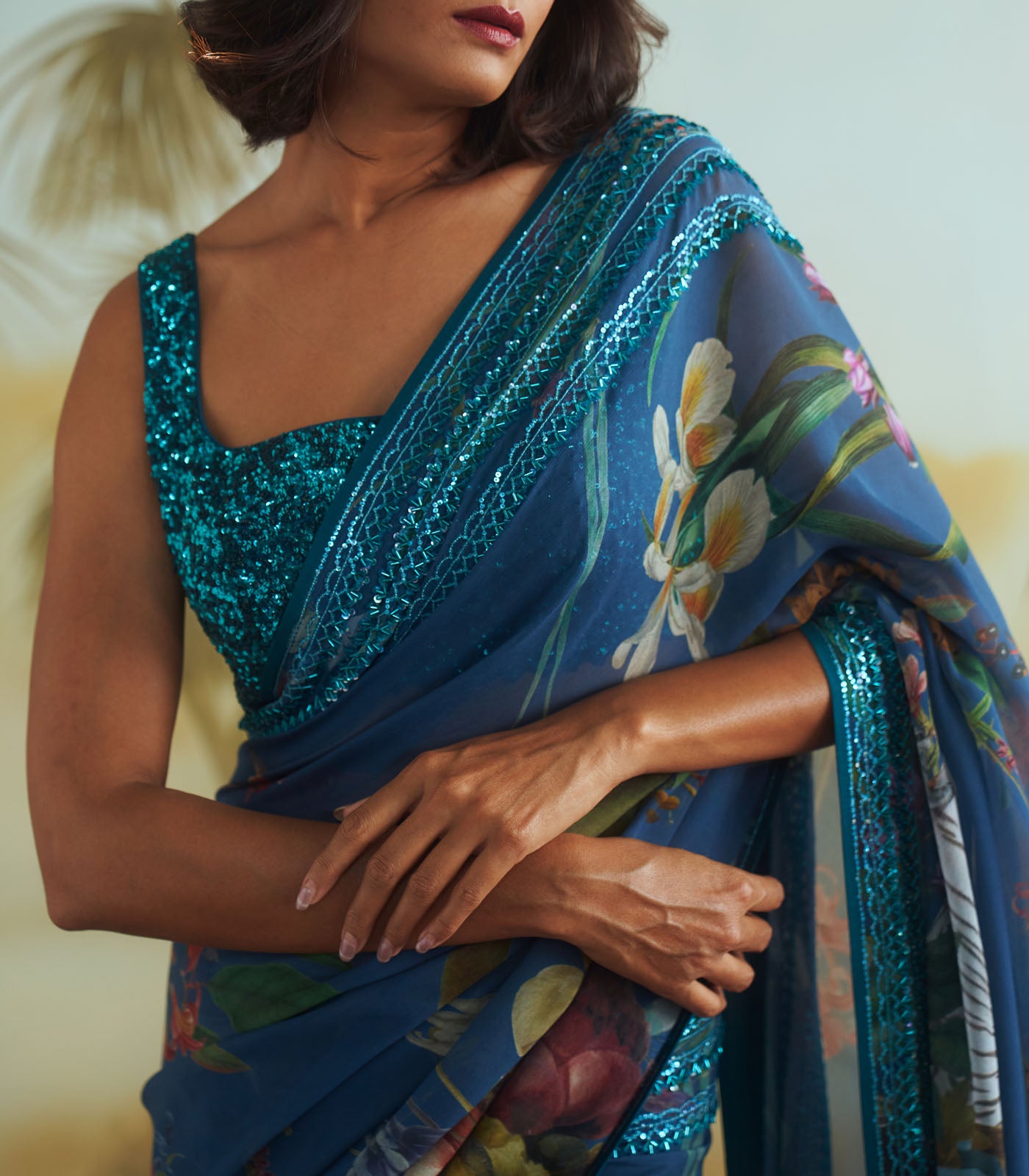 Printed sequin border saree set