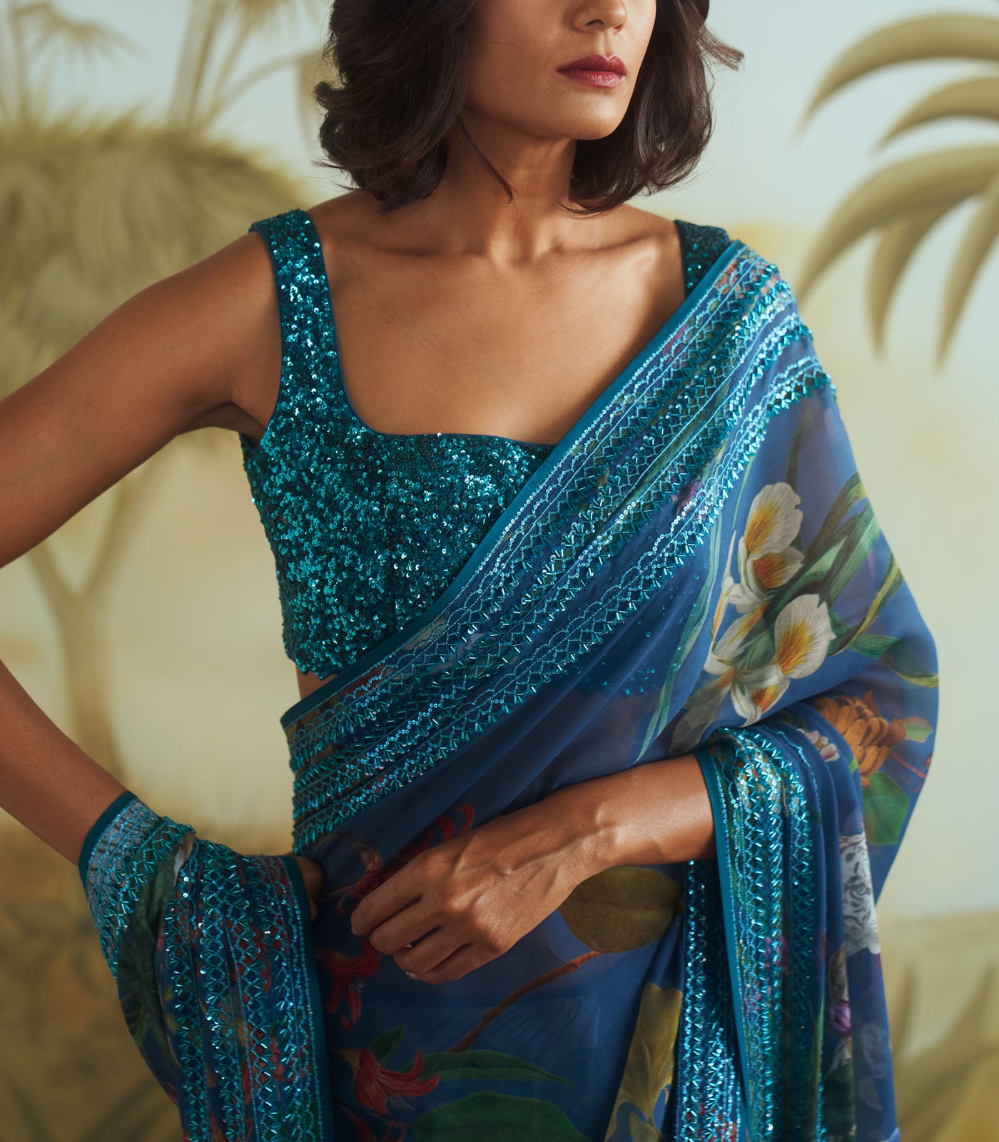 Printed sequin border saree set