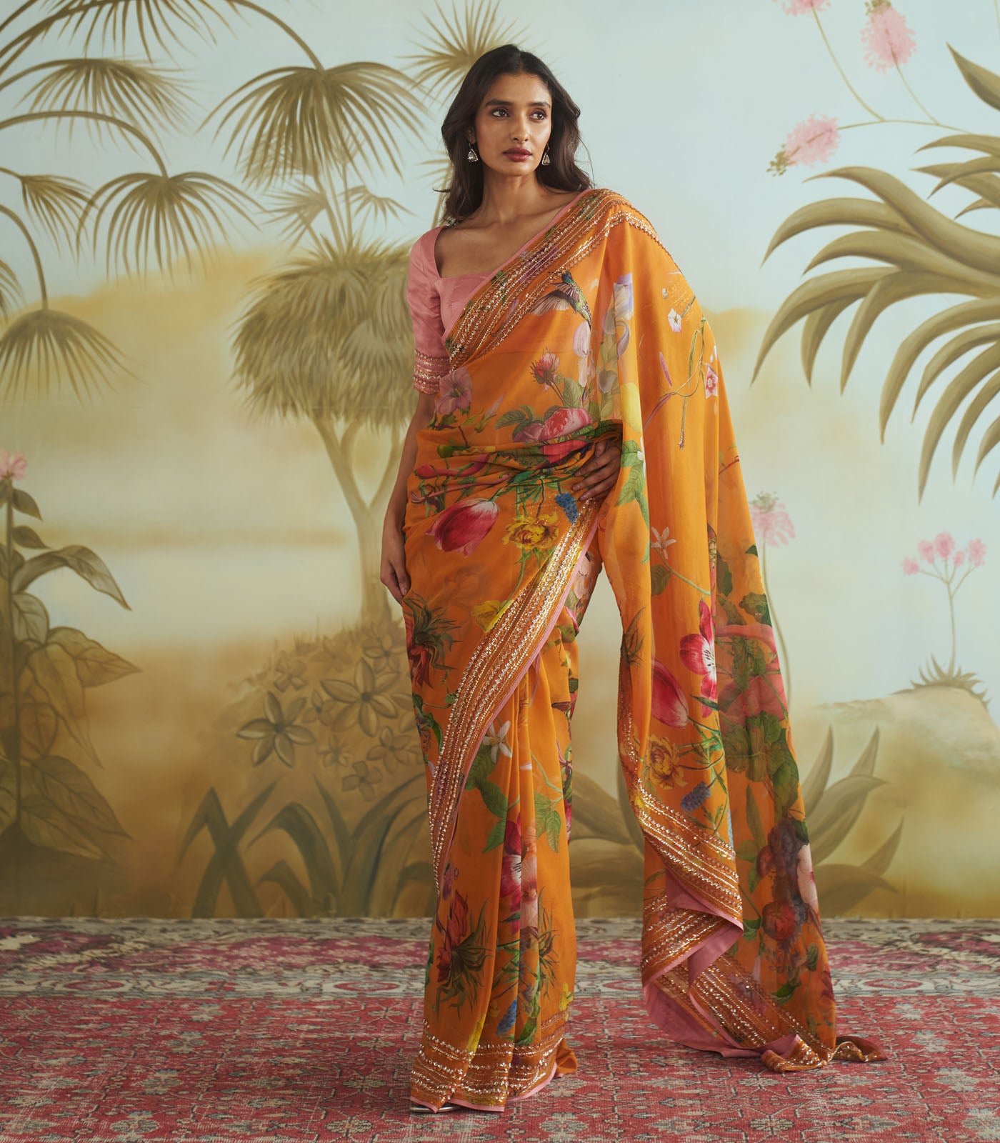 Printed sequin border saree set