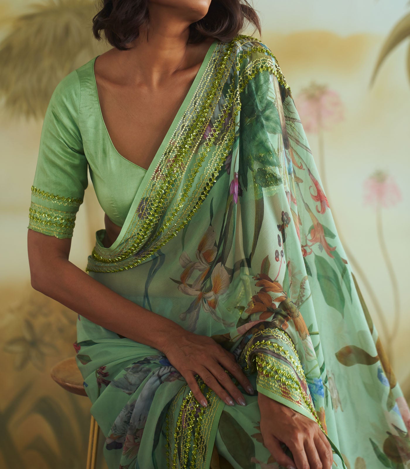 Printed sequin border saree set