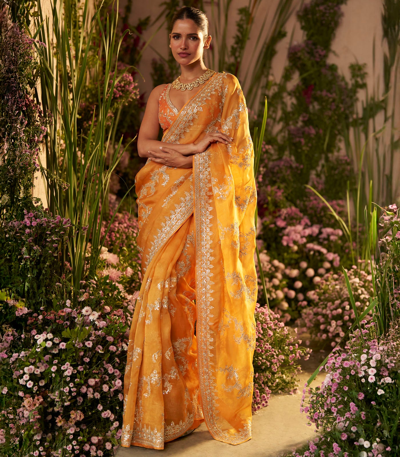 Mustard Aari Leheriya Saree Set