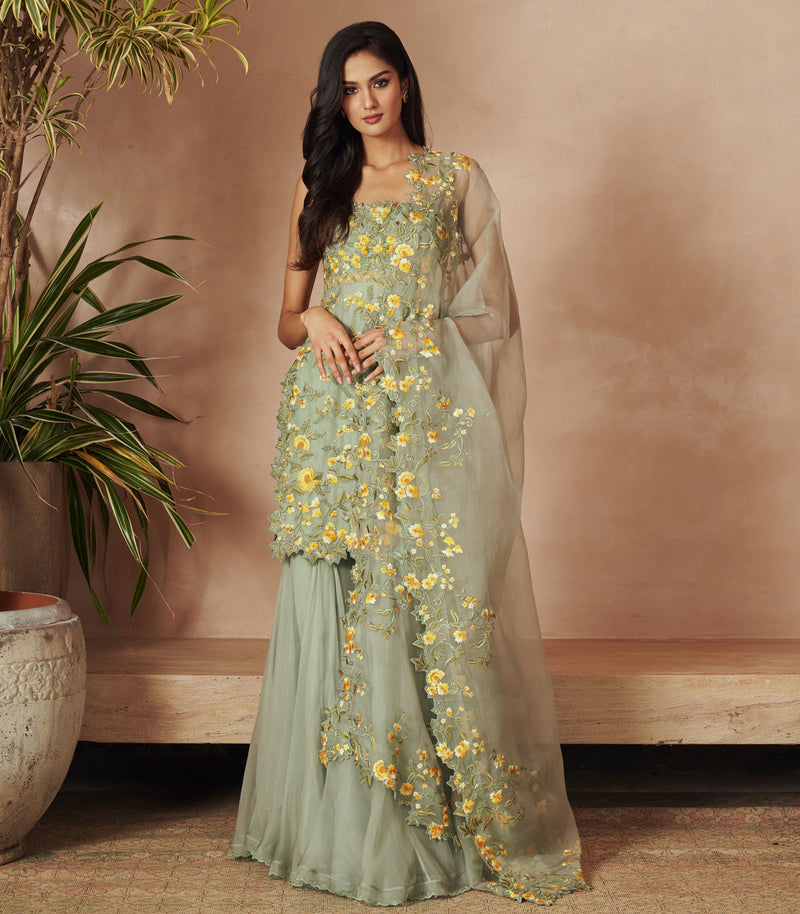 SEA BLUE EMBROIDERED SHARARA SET