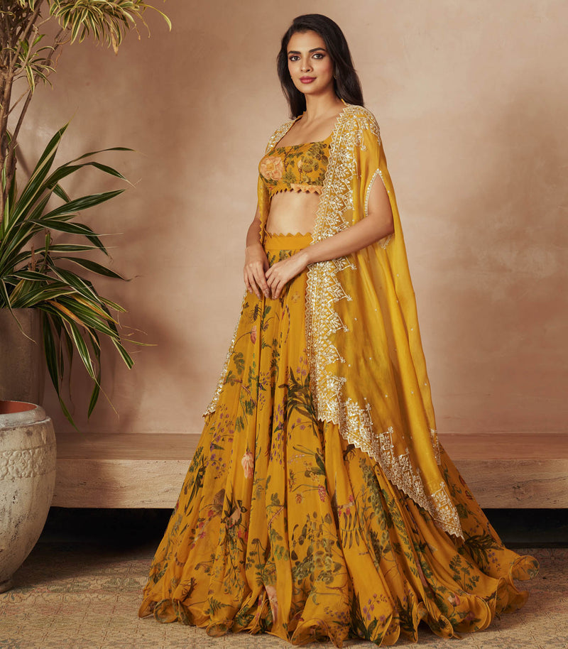 YELLOW PRINTED LEHENGA CAPE SET