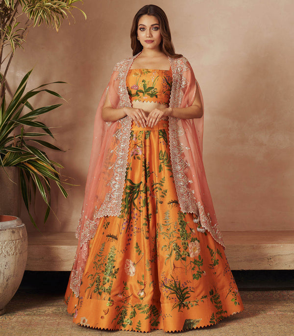 ORANGE PRINTED LEHENGA CAPE SET