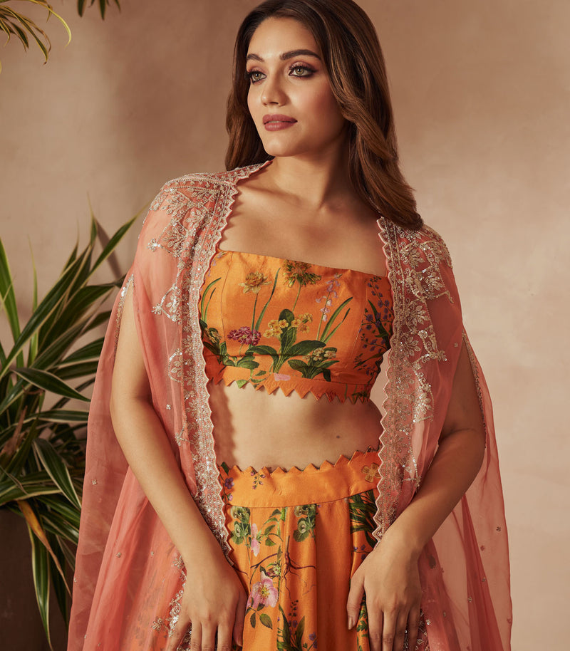 ORANGE PRINTED LEHENGA CAPE SET