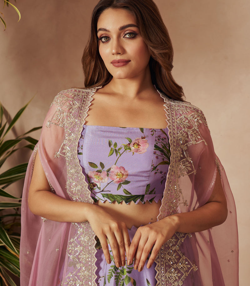 LAVENDER PRINTED LEHENGA CAPE SET