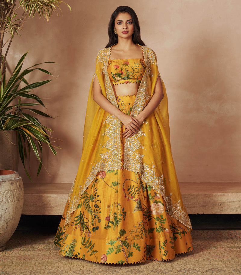 YELLOW PRINTED LEHENGA CAPE SET