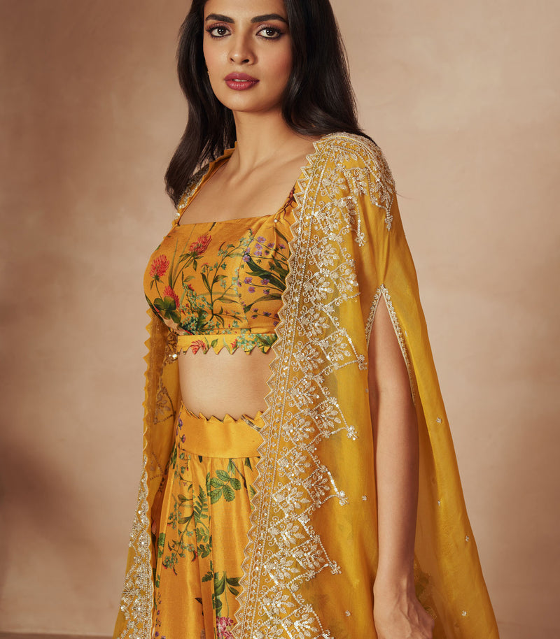 YELLOW PRINTED LEHENGA CAPE SET