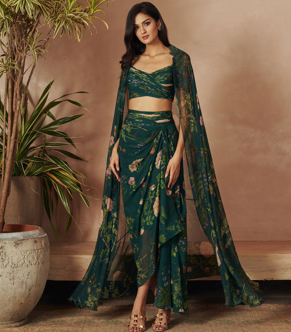 EMERLAD GREEN DRAPE SKIRT AND CAPE