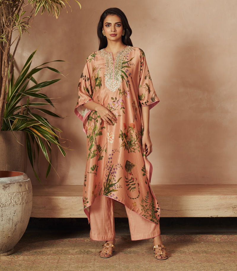 PEACH PRINTED KAFTAN PAIRED WITH PANTS