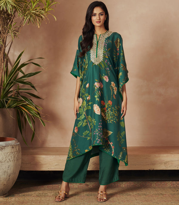 BOTTLE GREEN PRINTED KAFTAN PAIRED WITH PANTS