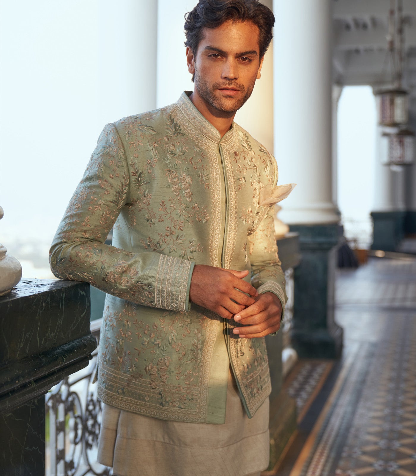 MINT GREEN RAW SILK BANDHGALA SET