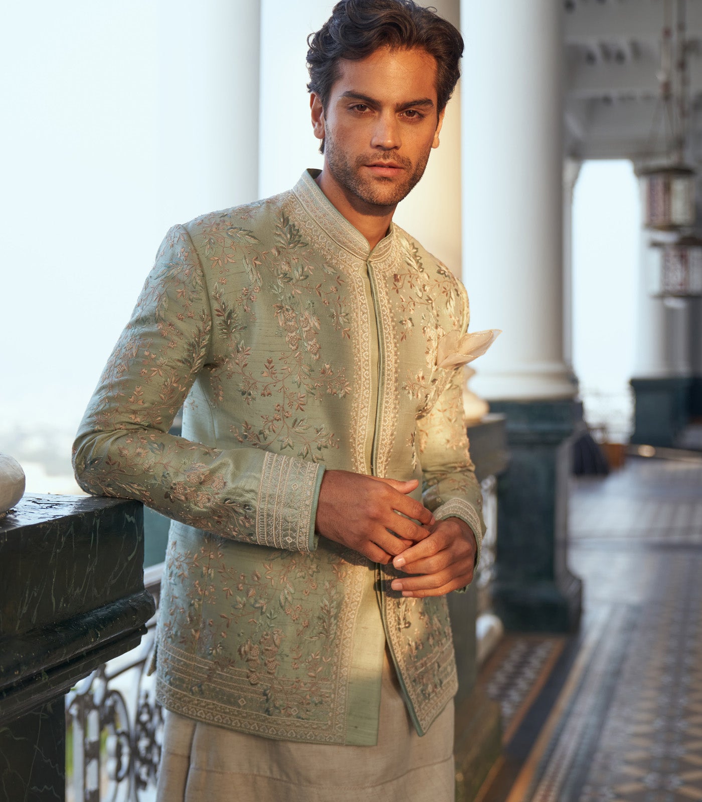 MINT GREEN RAW SILK BANDHGALA SET