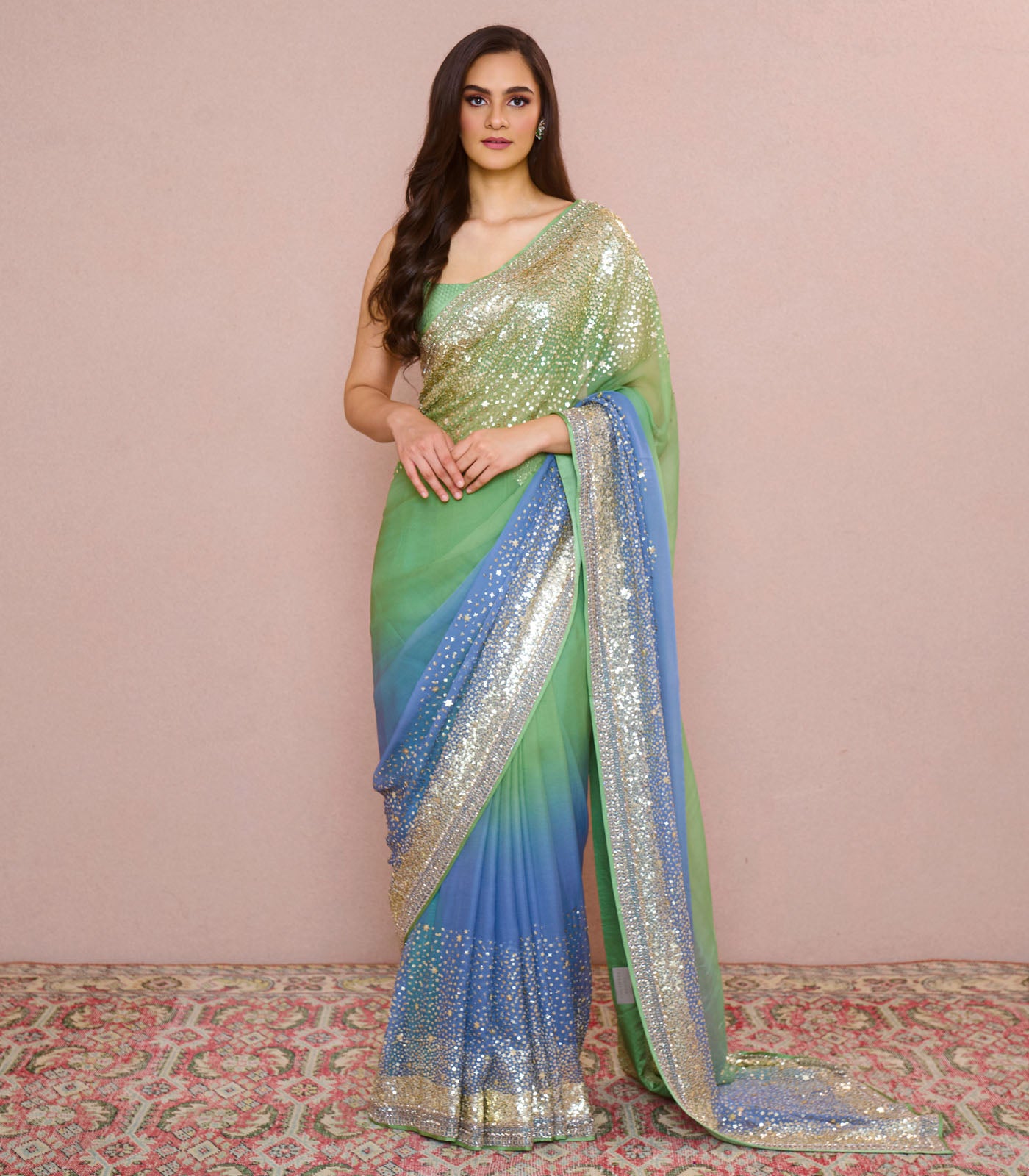 SEA GREEN TO BLUE OMBRE STELLA STAR SAREE SET