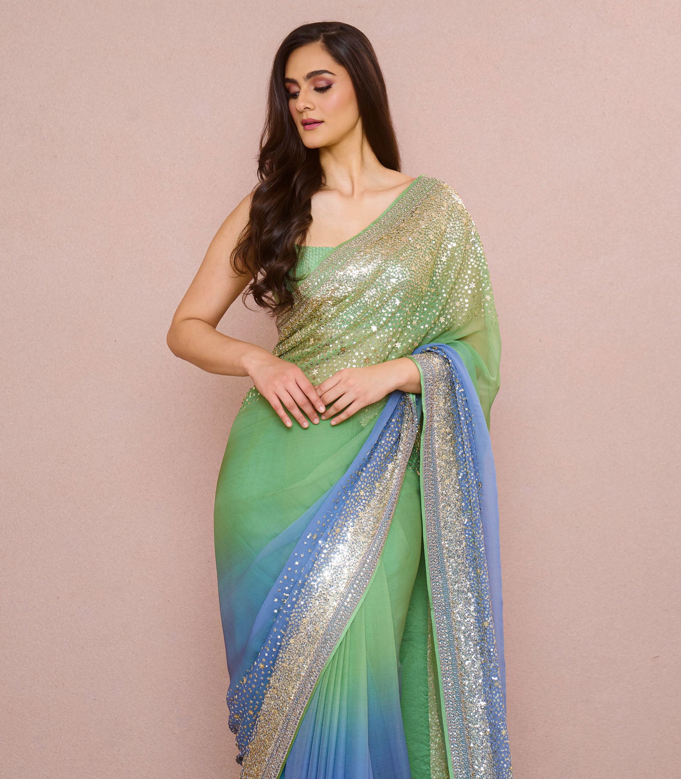 SEA GREEN TO BLUE OMBRE STELLA STAR SAREE SET