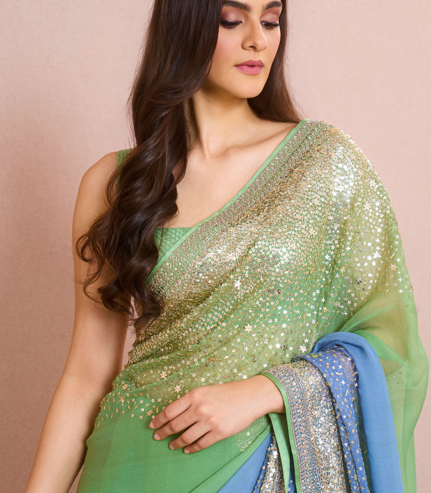 SEA GREEN TO BLUE OMBRE STELLA STAR SAREE SET