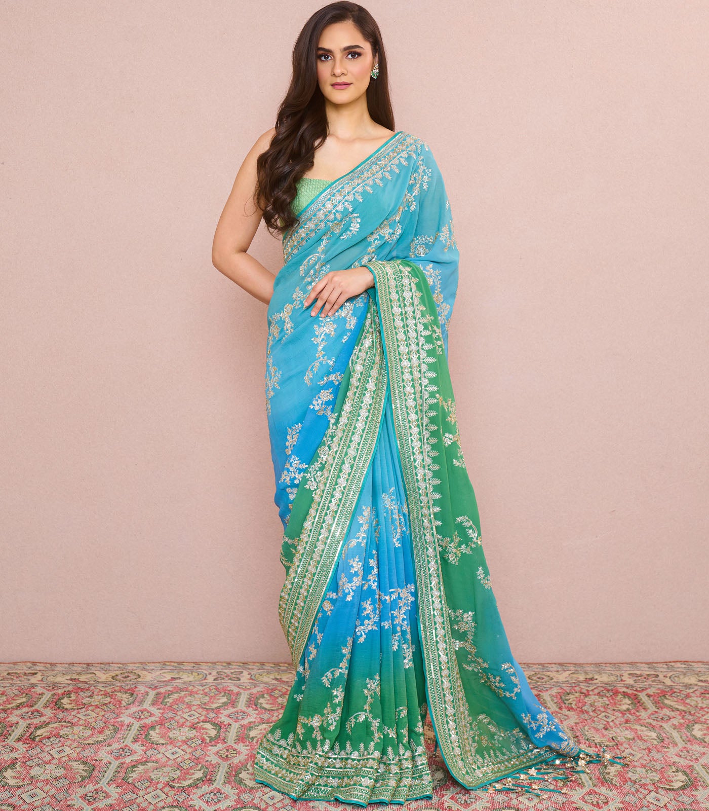 BLUE GREEN OMBRE AARI LEHERIYA SAREE SET