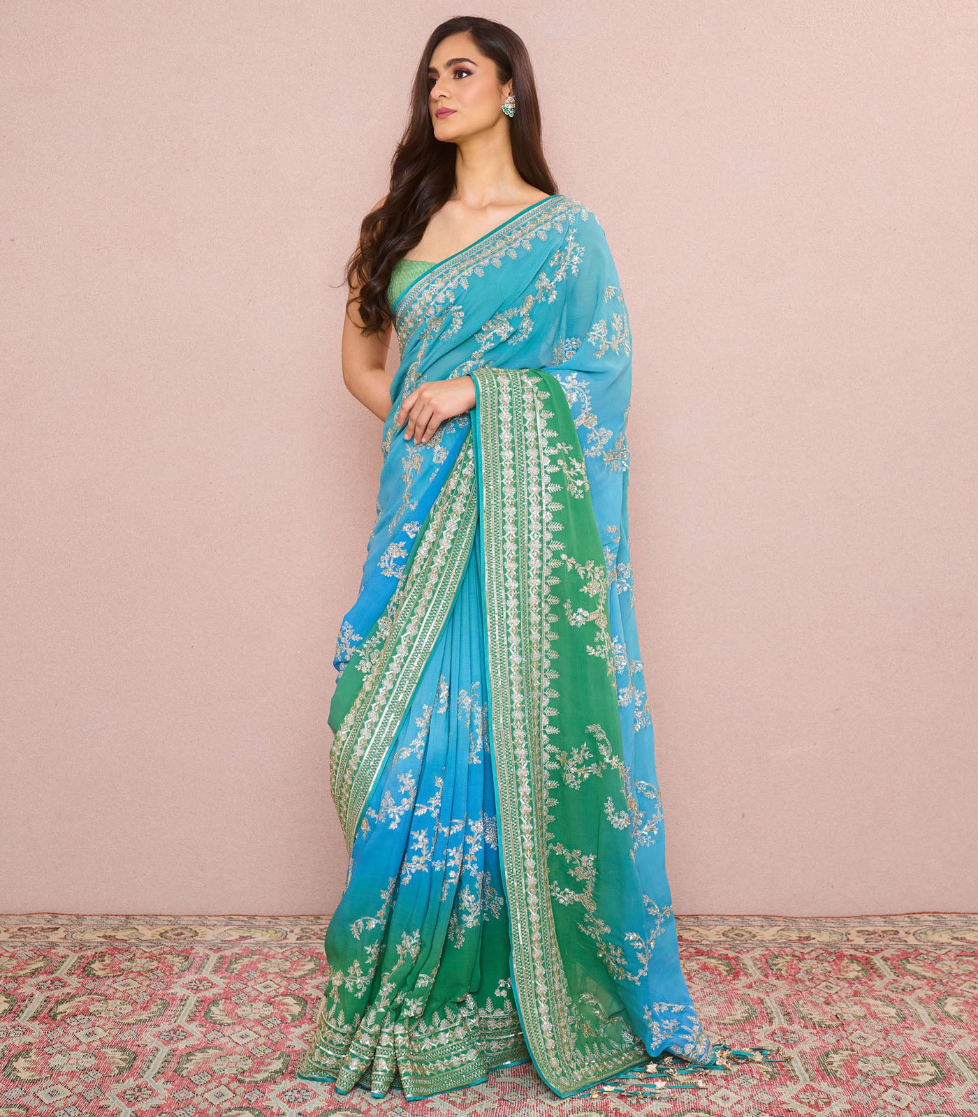 BLUE GREEN OMBRE AARI LEHERIYA SAREE SET